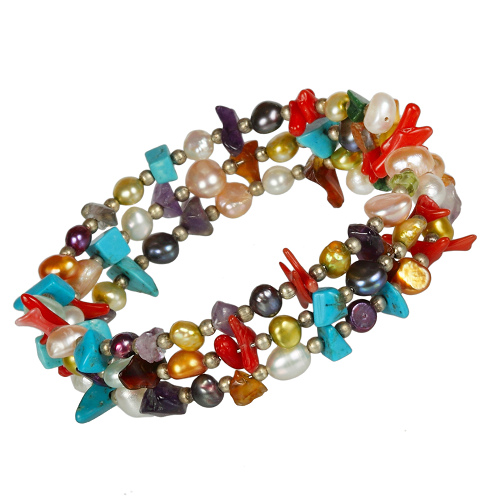 Perlenarmband Perlenarmkette Süßwasserperlen Armreif multicolor - zum Schließen ins Bild klicken